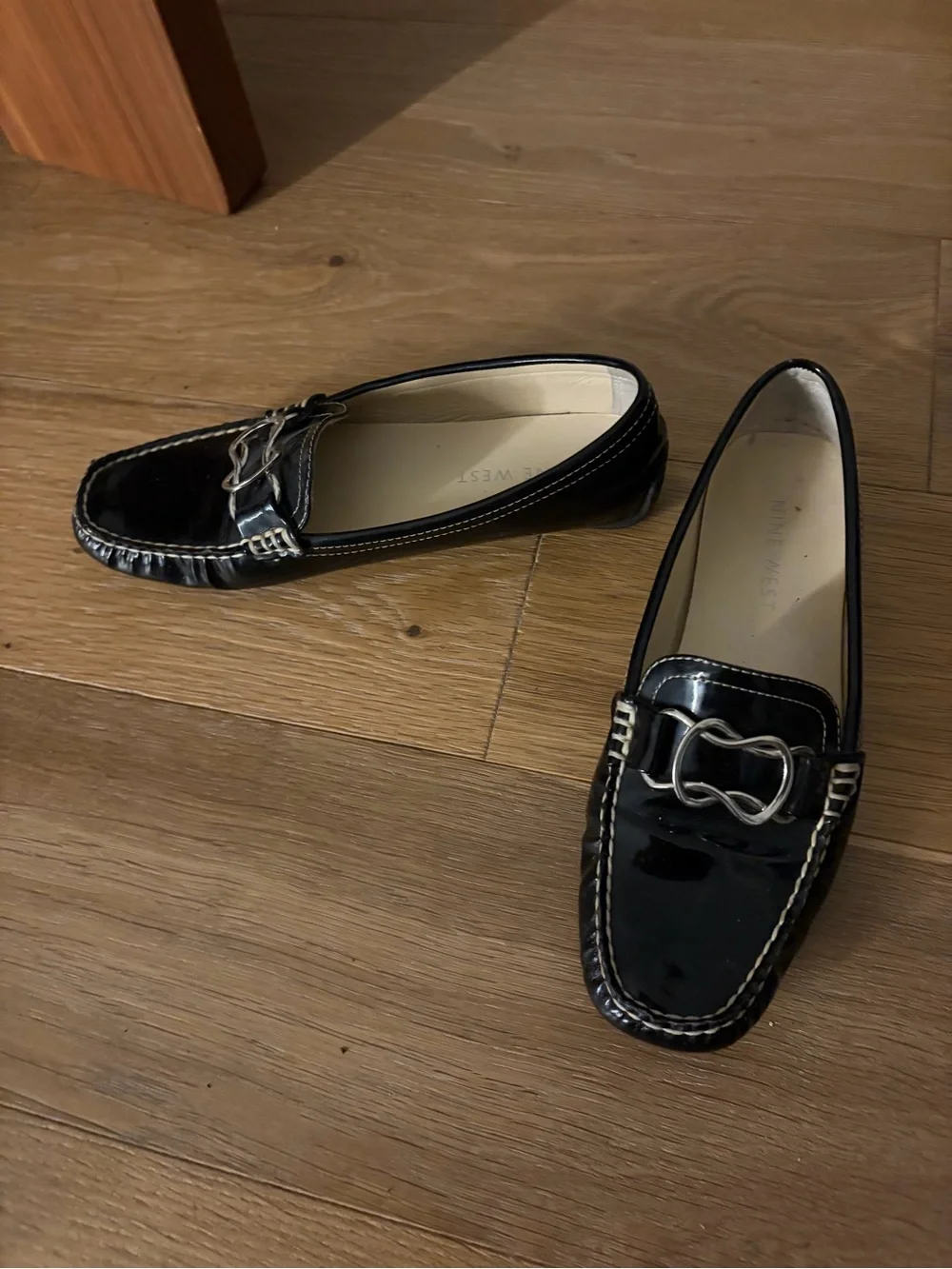 Nine West Black Patent Loafers with Silver Buckle Accent